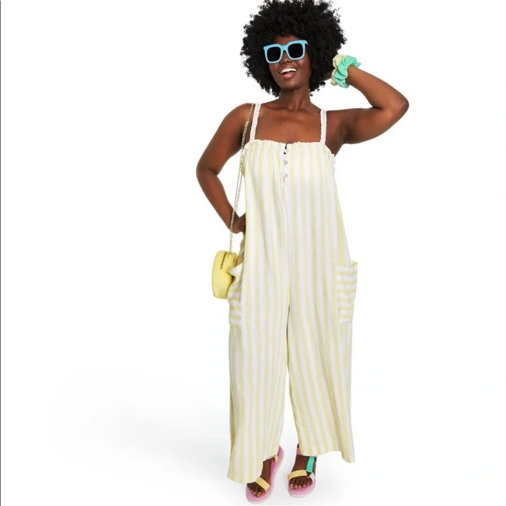 Stoney Clover Lane Linen Jumpsuit - Yellow & White - Size Large - Picture 8 of 10